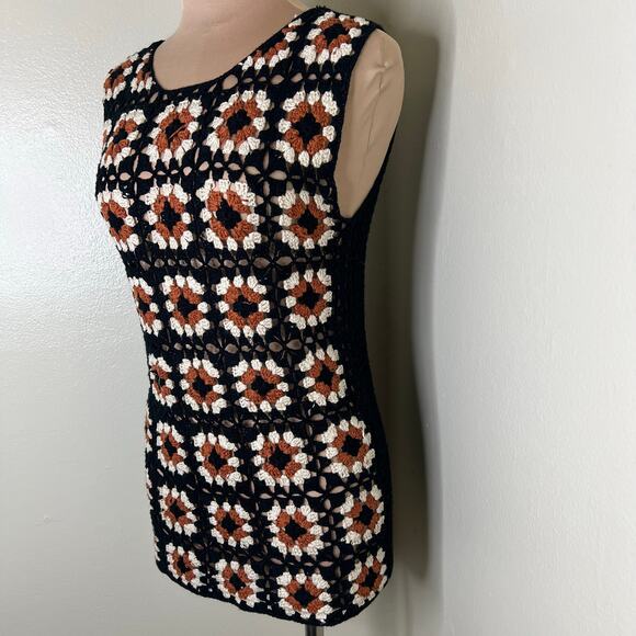 En Creme Crochet Top Small Womens Granny Square Black Orange Boho Cottage Hippie - Picture 3 of 6